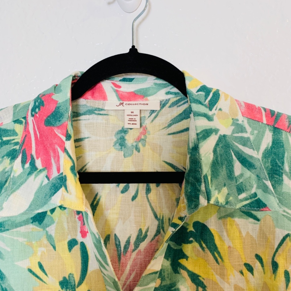 JM Collection Button Up Linen Shirt Size 14 Floral Bell Sleeve Tropical Vacation - Picture 2 of 13